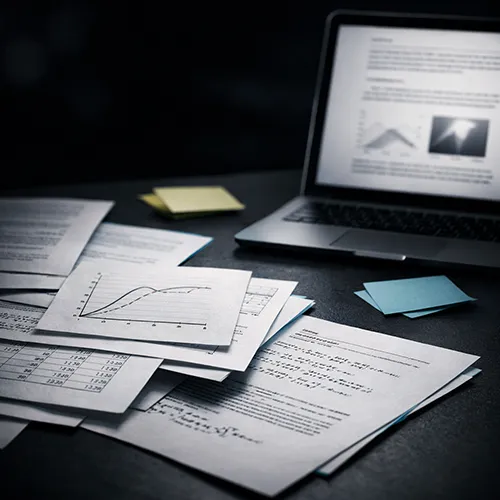 Научный протокол экспериментов AI: распечатки с графиками, заметки и материалы для проверки гипотез.