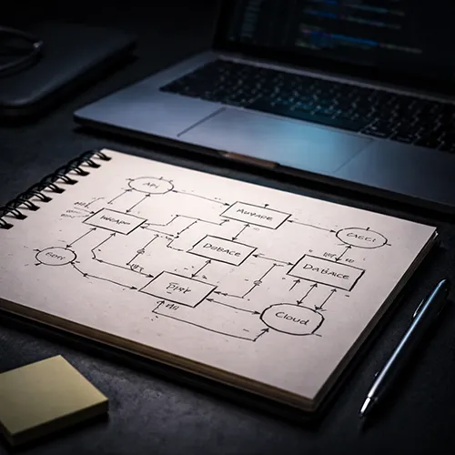 Схема архитектуры автономной AI-системы в блокноте: модули, связи, контуры интеграции и трассируемость решений.