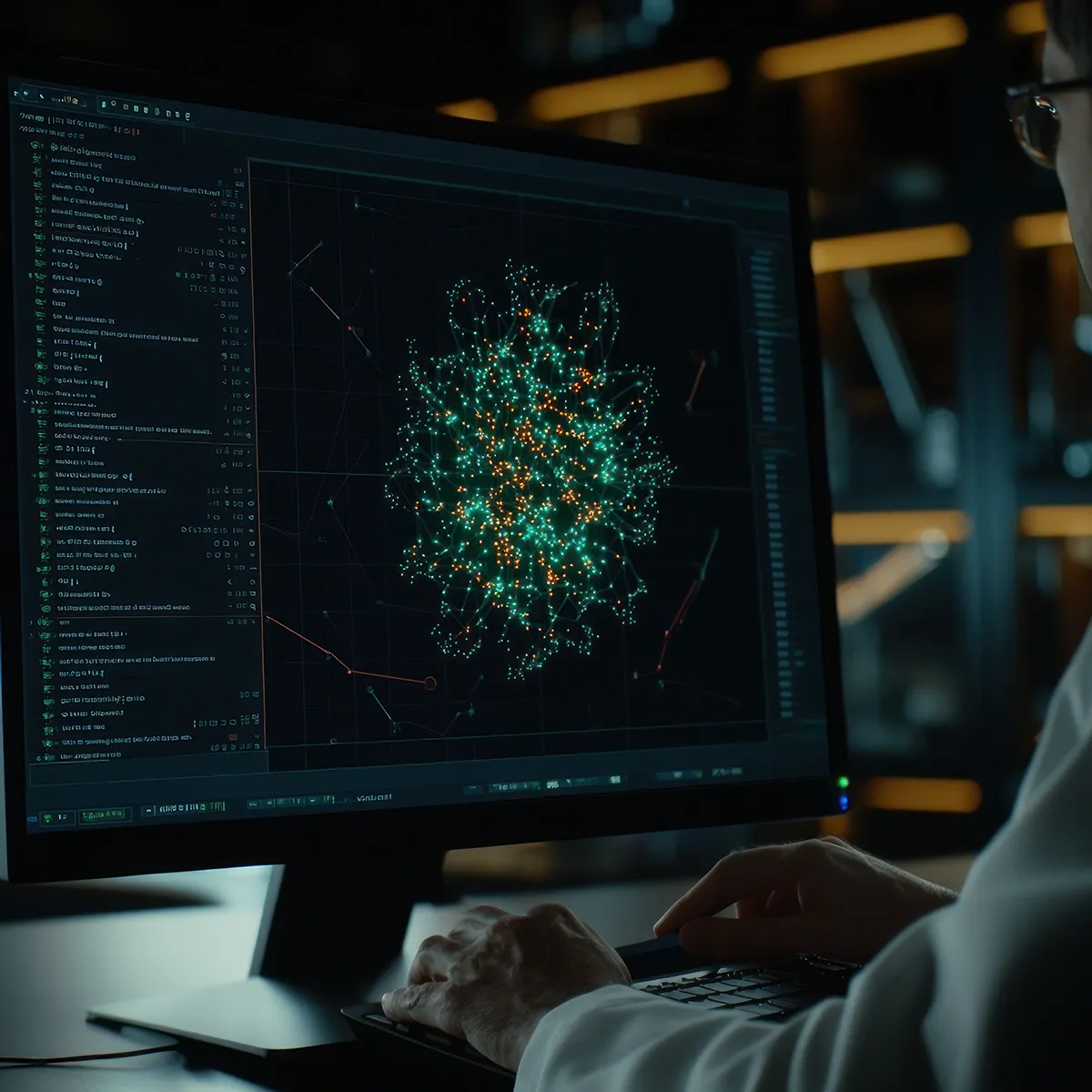 Исследовательские архитектуры ИИ: рабочее место инженера, код и визуализация сложной структуры модели